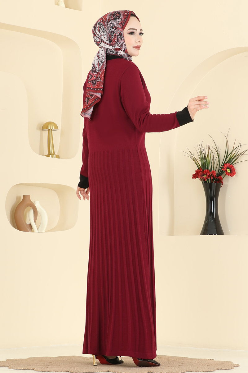 Pleat-Detail Knit Dress - Burgundy