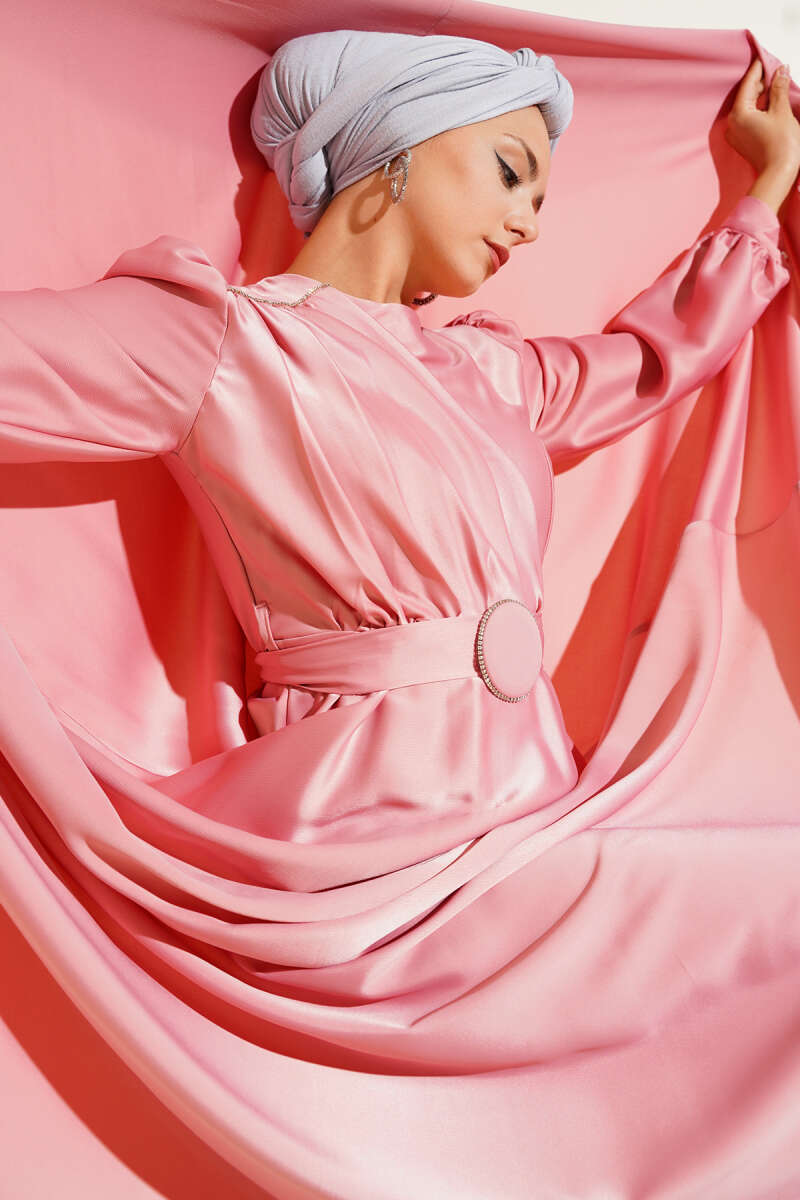 Satin Evening Dress with Pleated Stone Collar - Powder