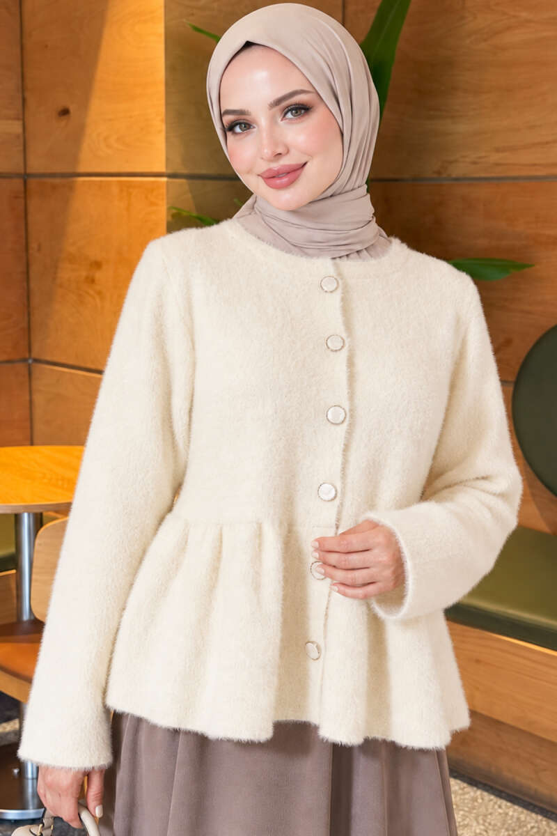 Pleated Brushed Cardigan with Buttons - Ecru