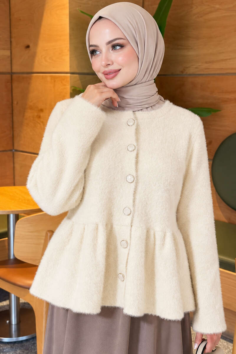 Pleated Brushed Cardigan with Buttons - Ecru