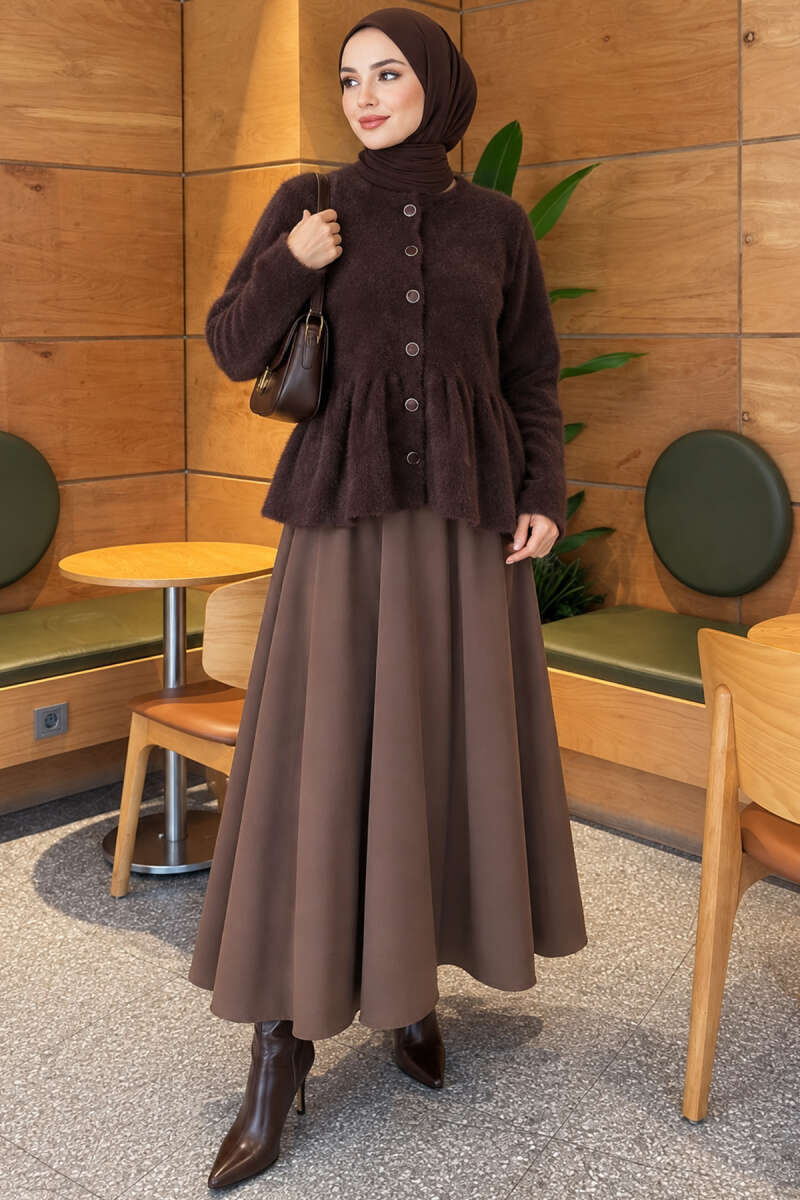 Pleated Brushed Cardigan with Buttons - Brown