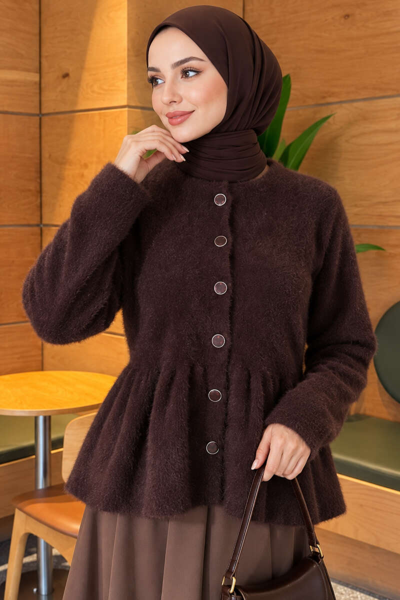 Pleated Brushed Cardigan with Buttons - Brown