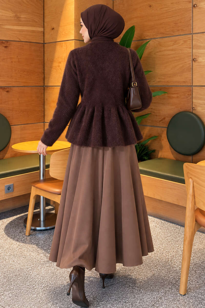 Pleated Brushed Cardigan with Buttons - Brown
