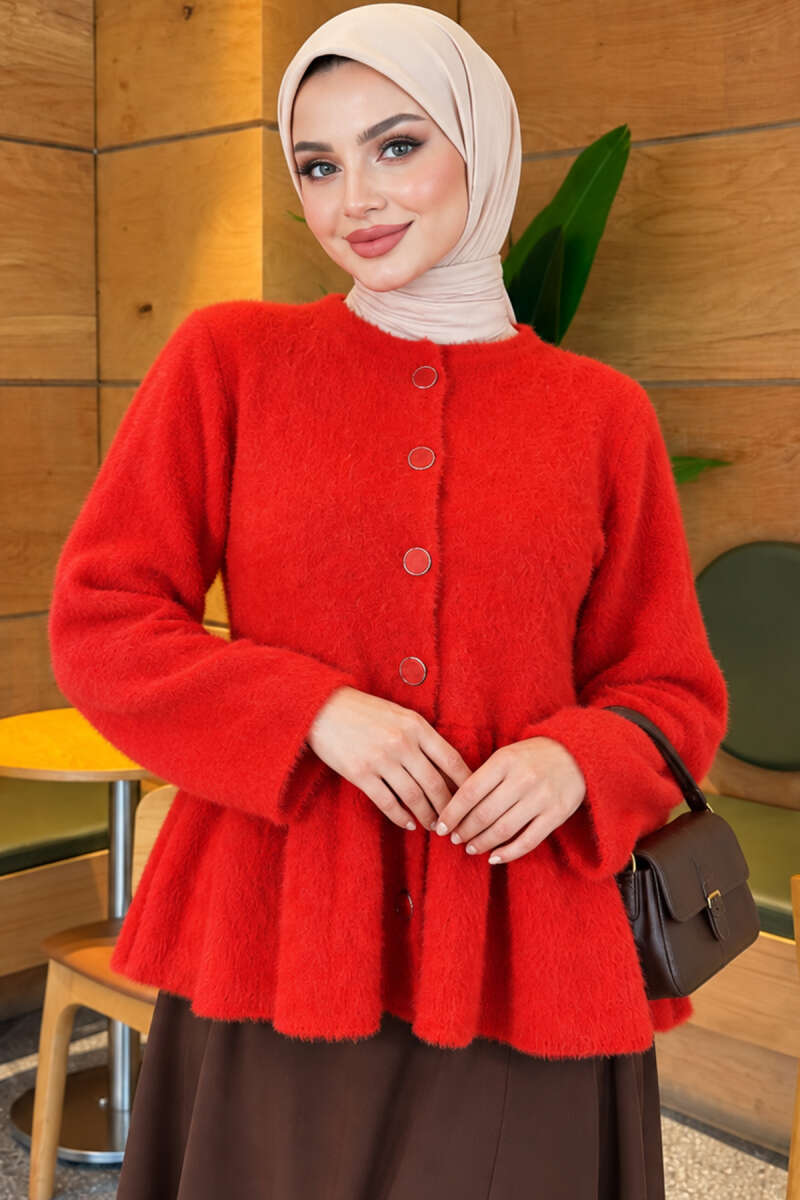 Pleated Brushed Cardigan with Buttons - Red