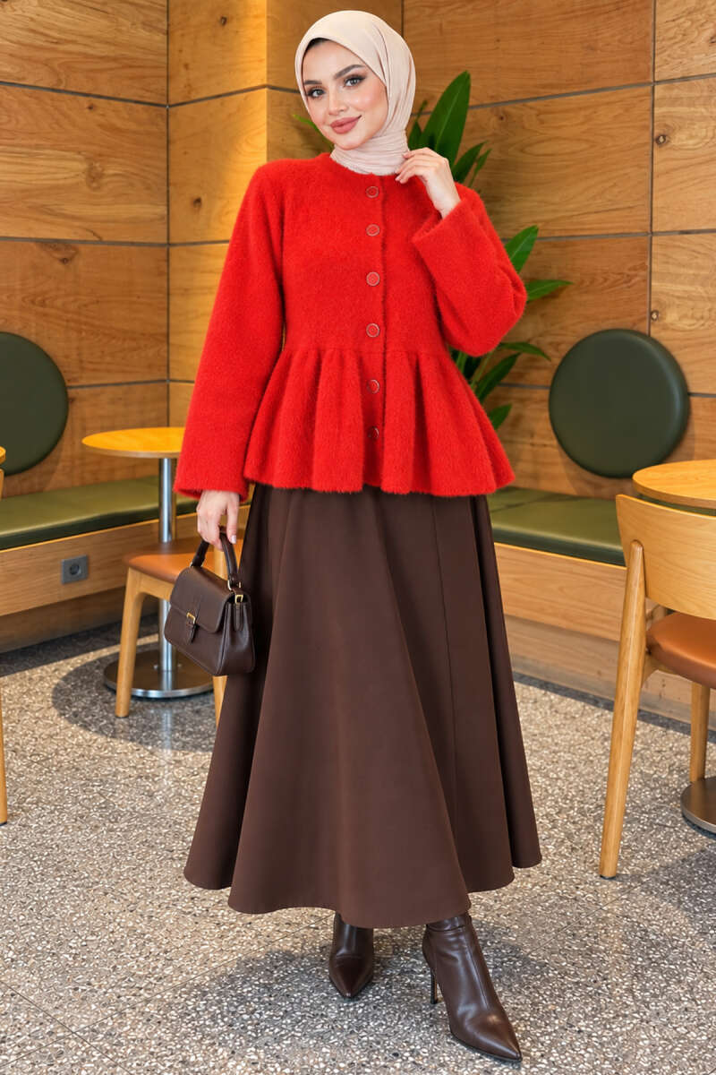 Pleated Brushed Cardigan with Buttons - Red