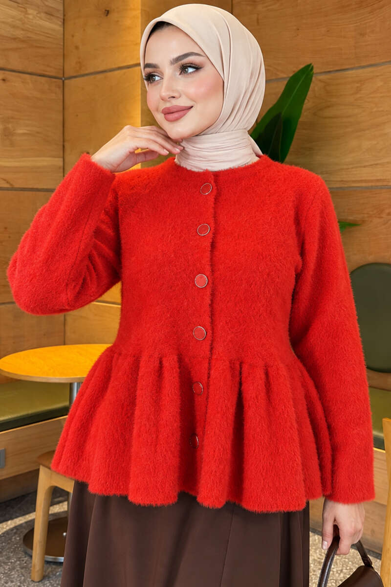 Pleated Brushed Cardigan with Buttons - Red
