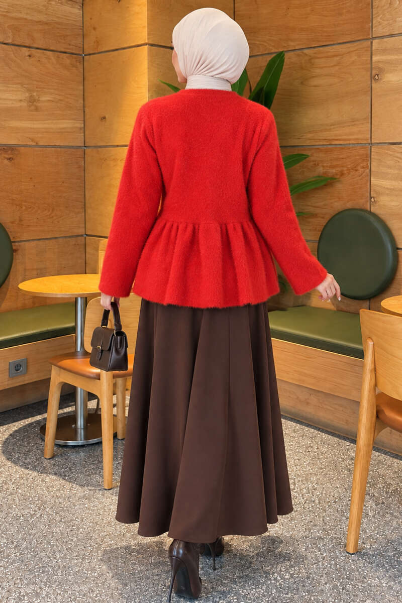 Pleated Brushed Cardigan with Buttons - Red