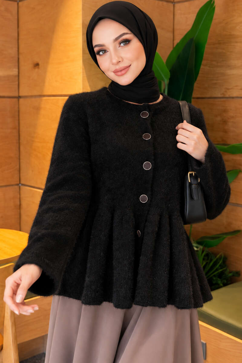 Pleated Brushed Cardigan with Buttons - Black