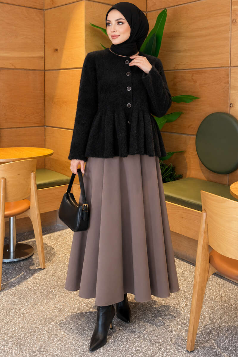 Pleated Brushed Cardigan with Buttons - Black