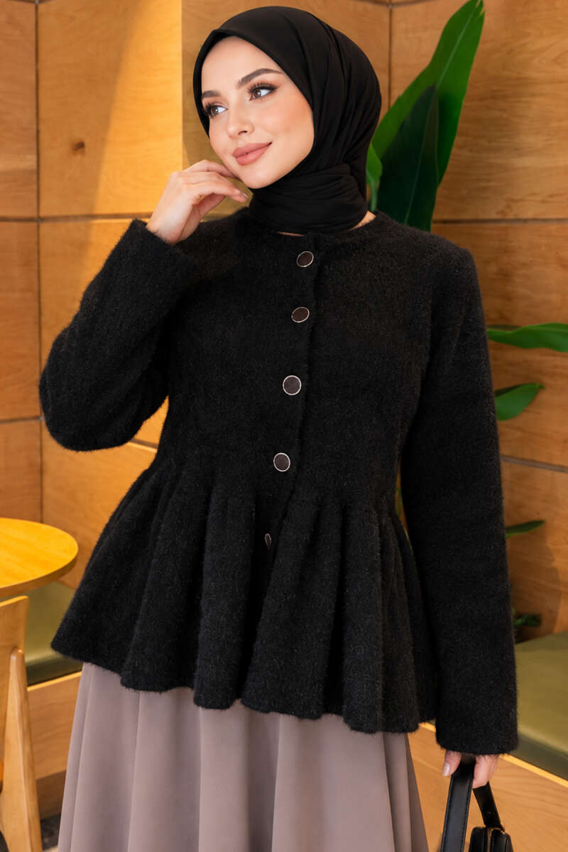 Pleated Brushed Cardigan with Buttons - Black