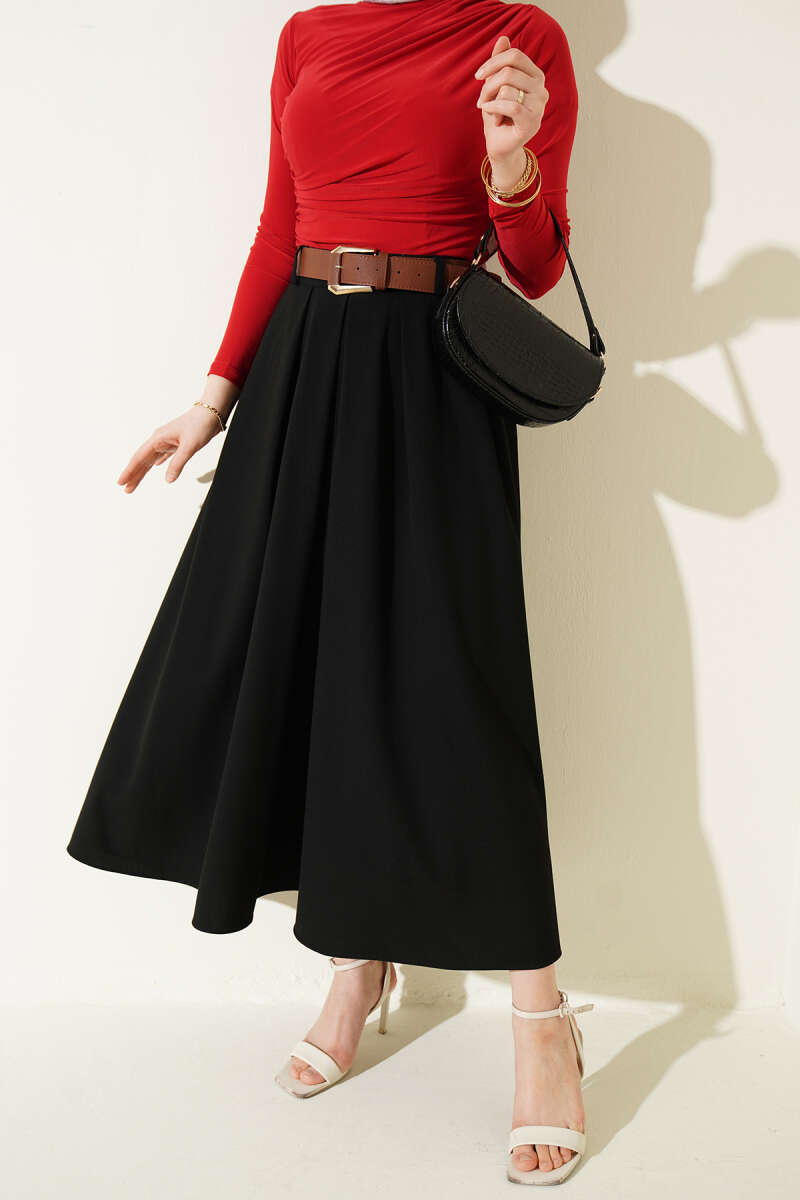 Belted Pleated Skirt with Zip Waist - Black