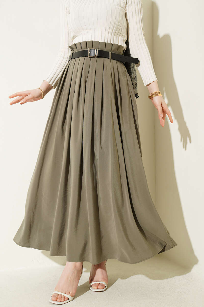 Belted Pleated Tencel Skirt - Khaki