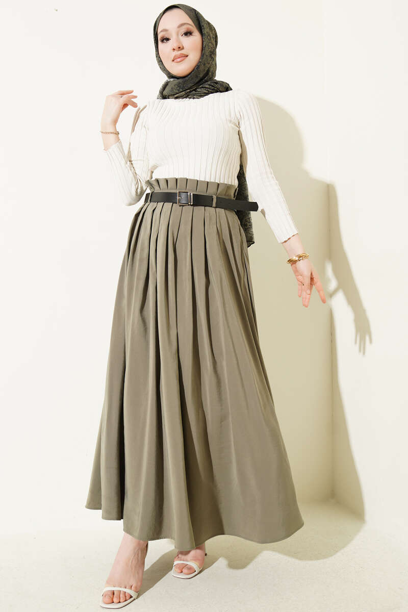 Belted Pleated Tencel Skirt - Khaki