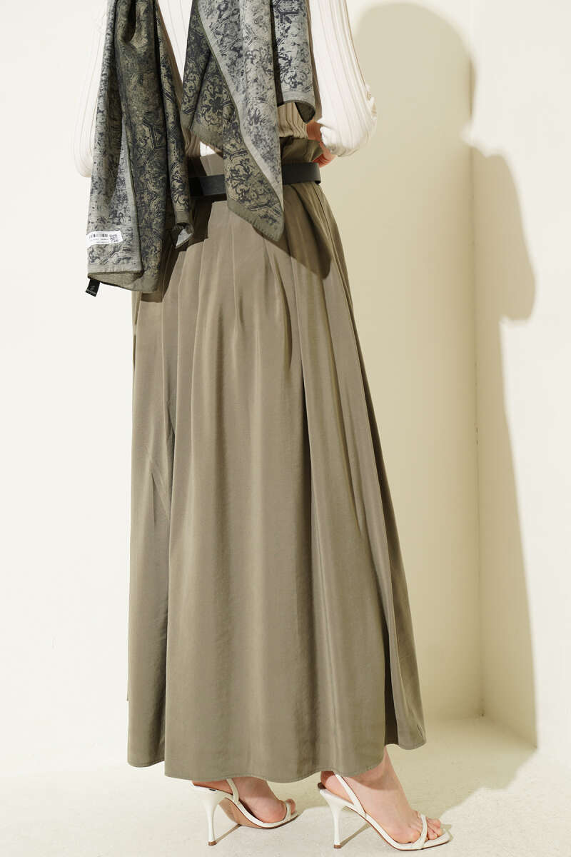 Belted Pleated Tencel Skirt - Khaki
