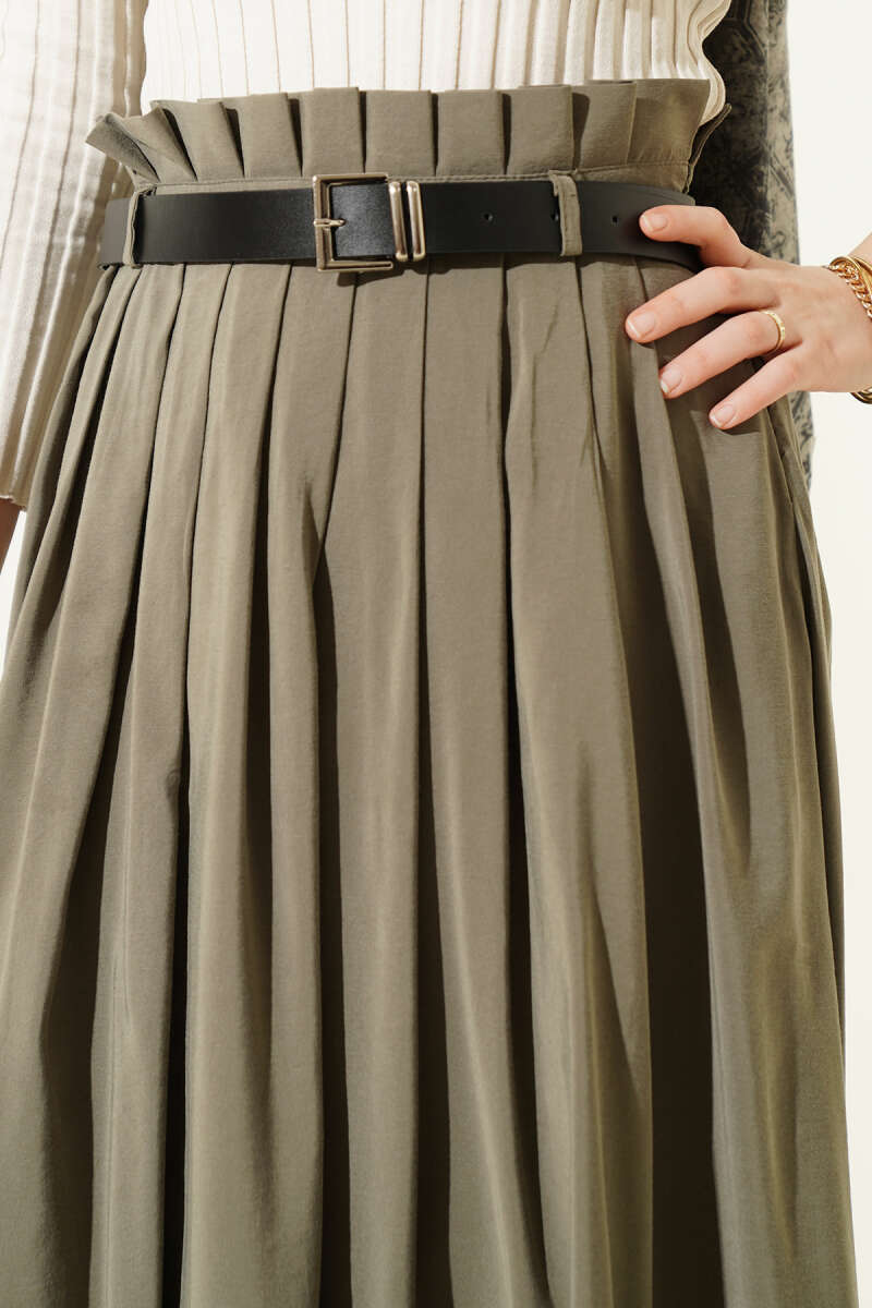 Belted Pleated Tencel Skirt - Khaki