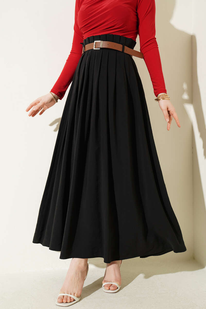 Belted Pleated Tencel Skirt - Black