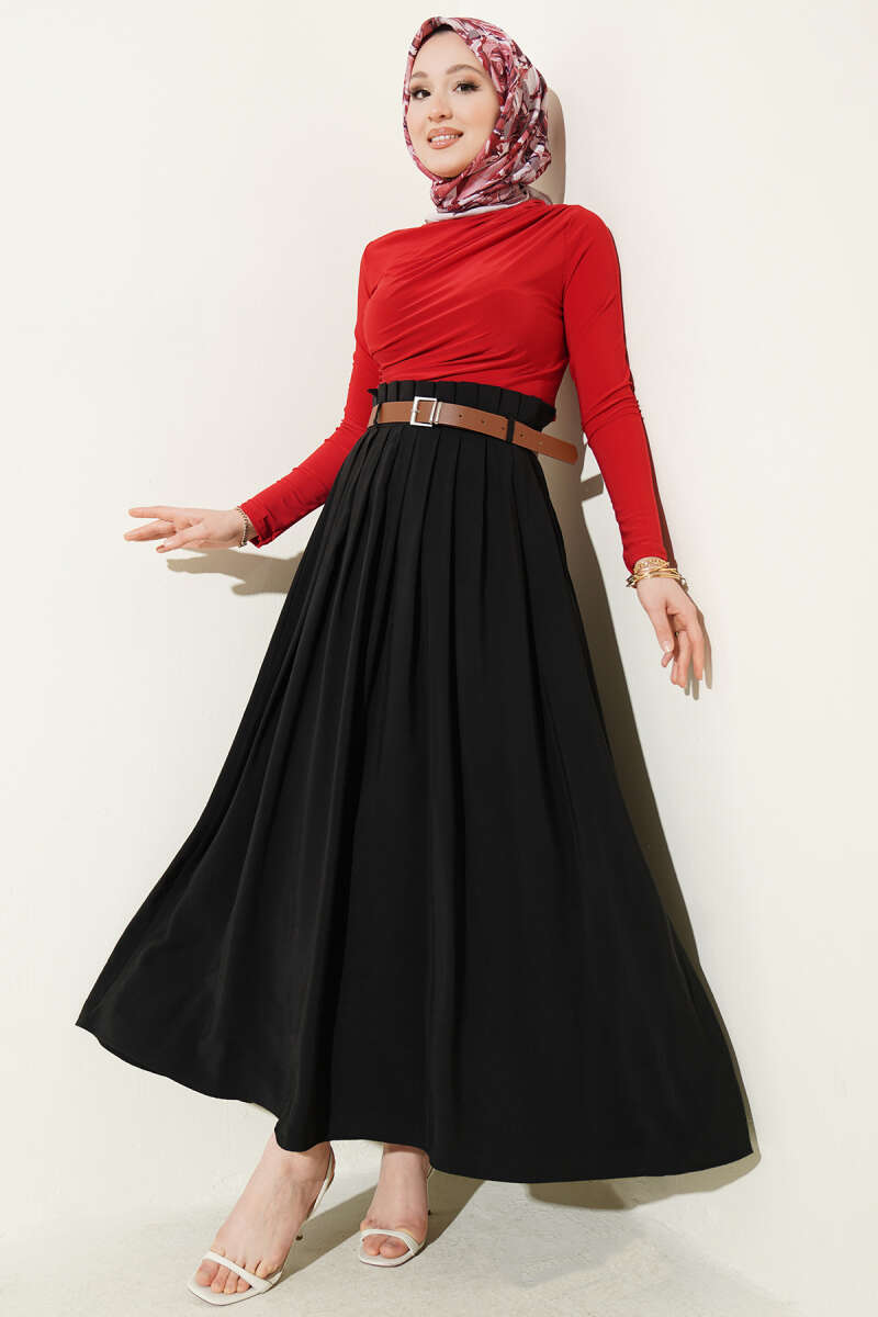 Belted Pleated Tencel Skirt - Black