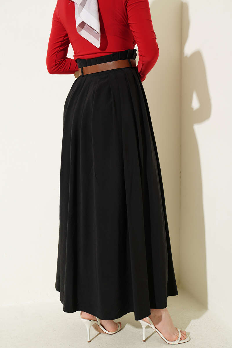 Belted Pleated Tencel Skirt - Black