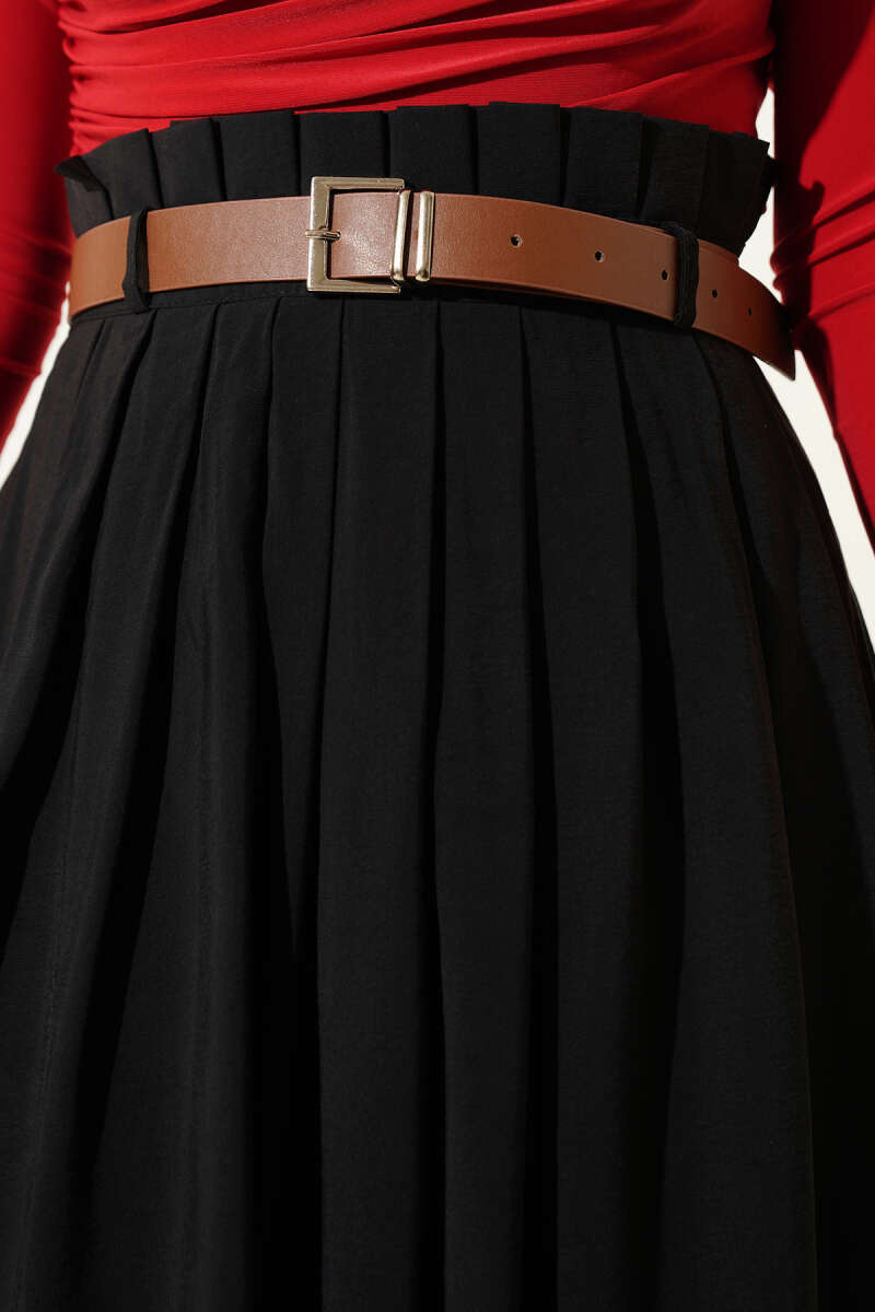 Belted Pleated Tencel Skirt - Black