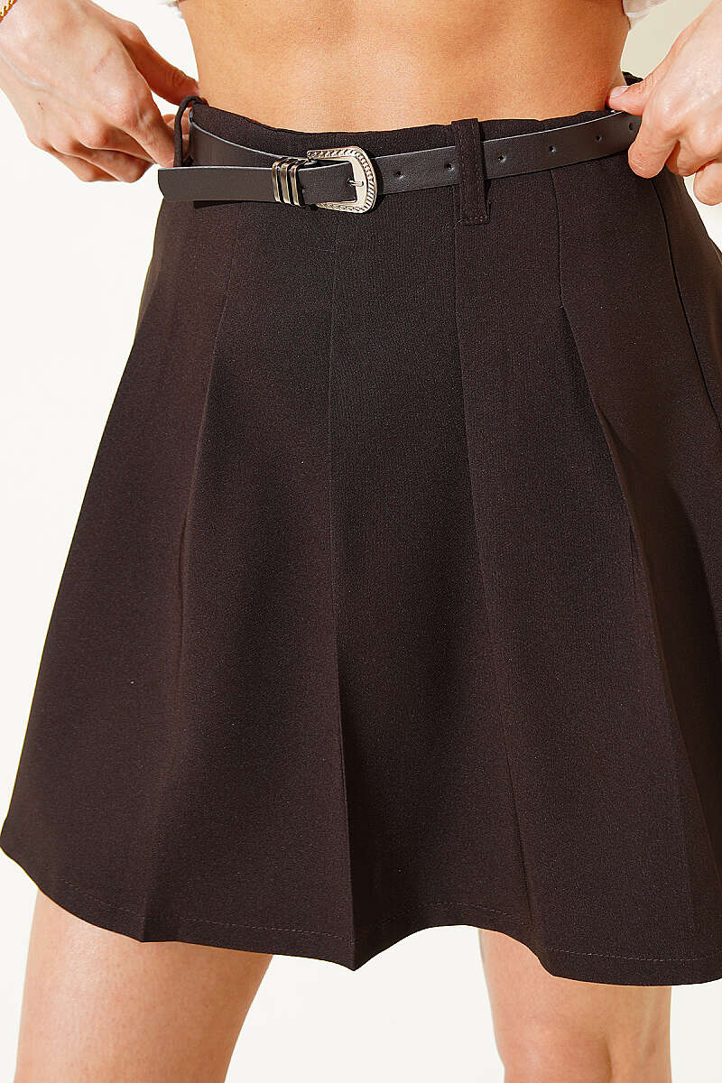 Belted Pleated Mini Skirt - Dark Brown