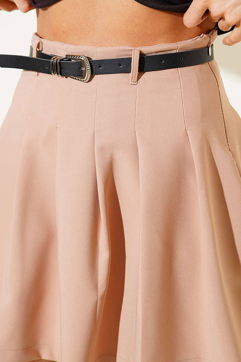 Belted Pleated Mini Skirt - Beige