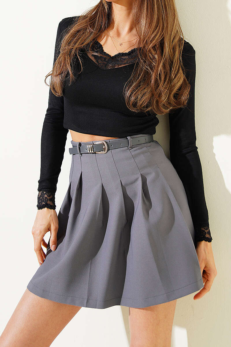 Belted Pleated Mini Skirt - Smoke Grey