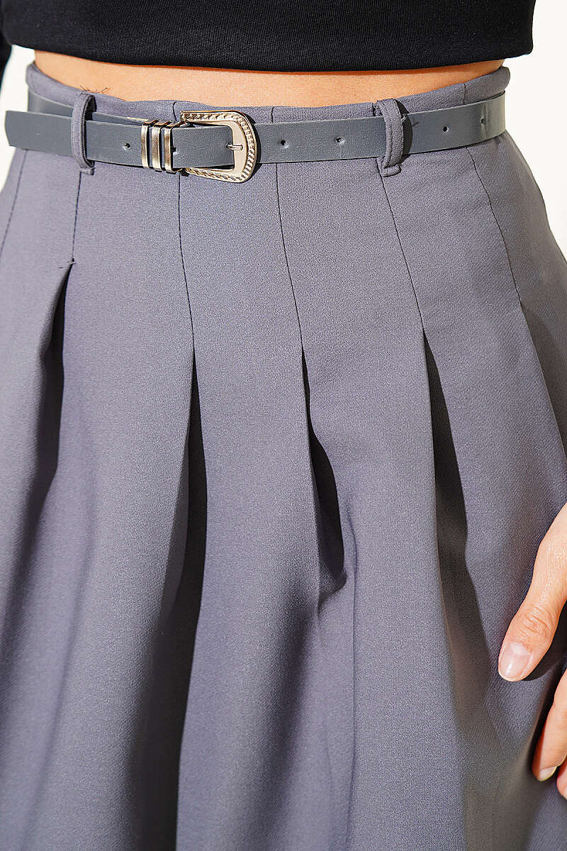 Belted Pleated Mini Skirt - Smoke Grey