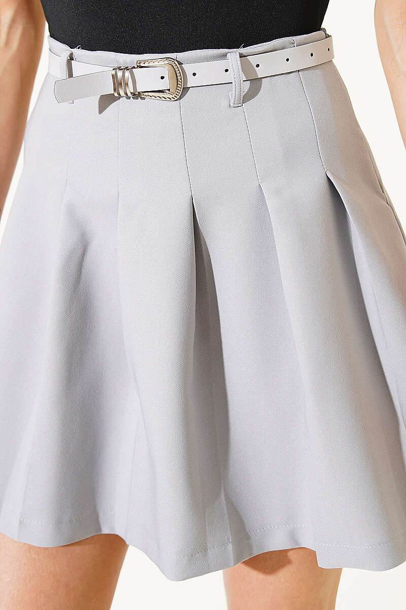 Belted Pleated Mini Skirt - Grey