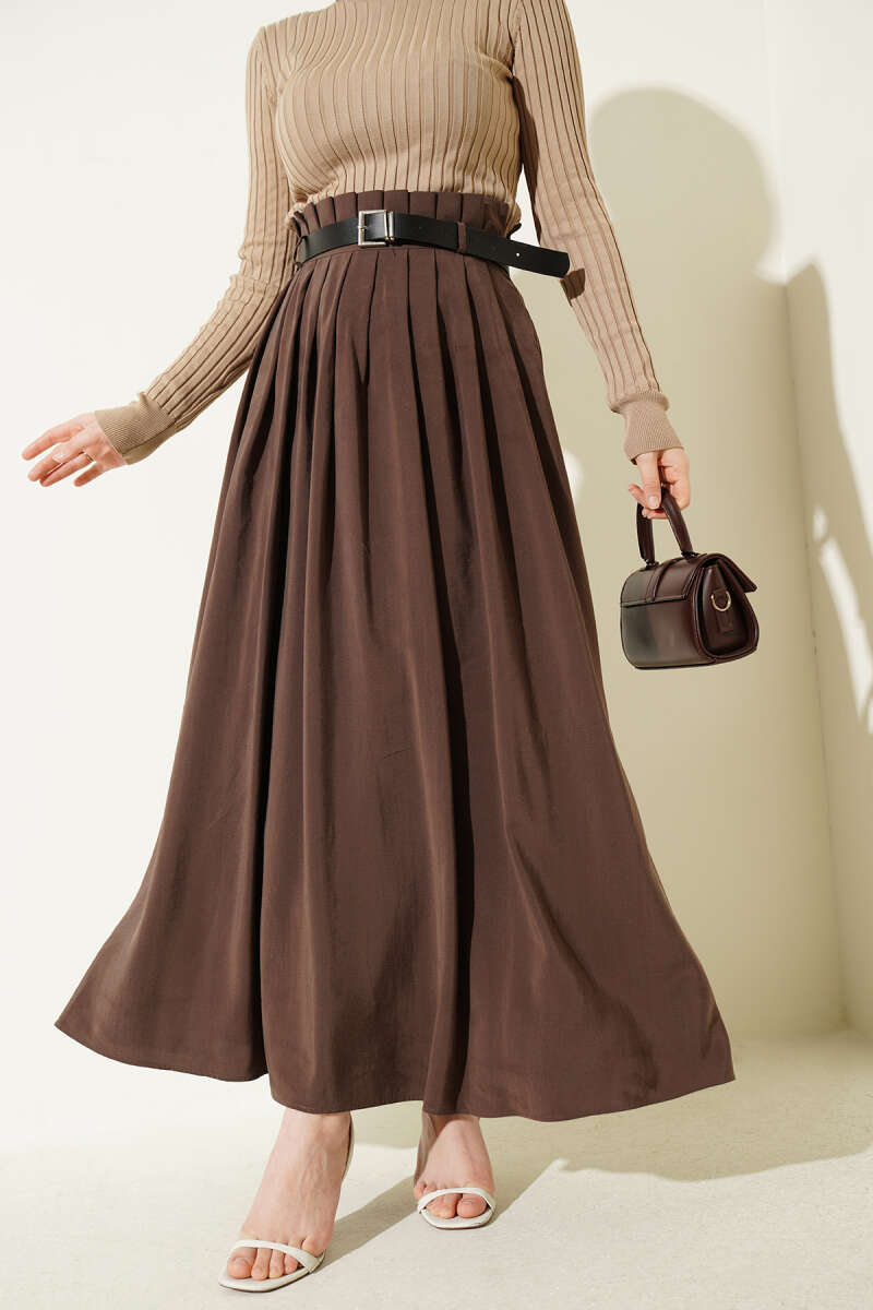 Belted Pleated Tencel Skirt - Brown