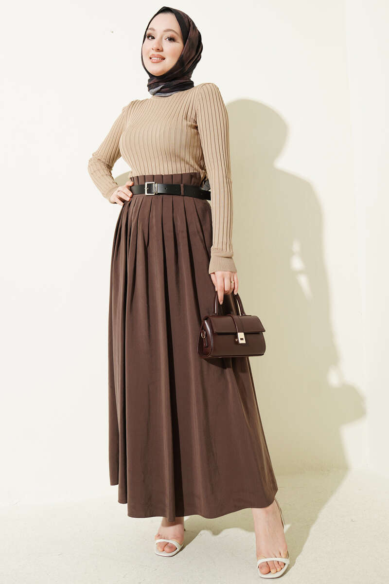 Belted Pleated Tencel Skirt - Brown