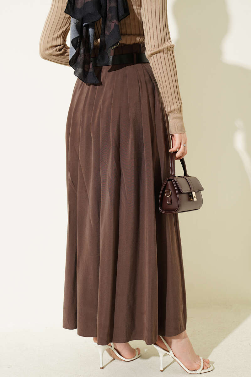 Belted Pleated Tencel Skirt - Brown