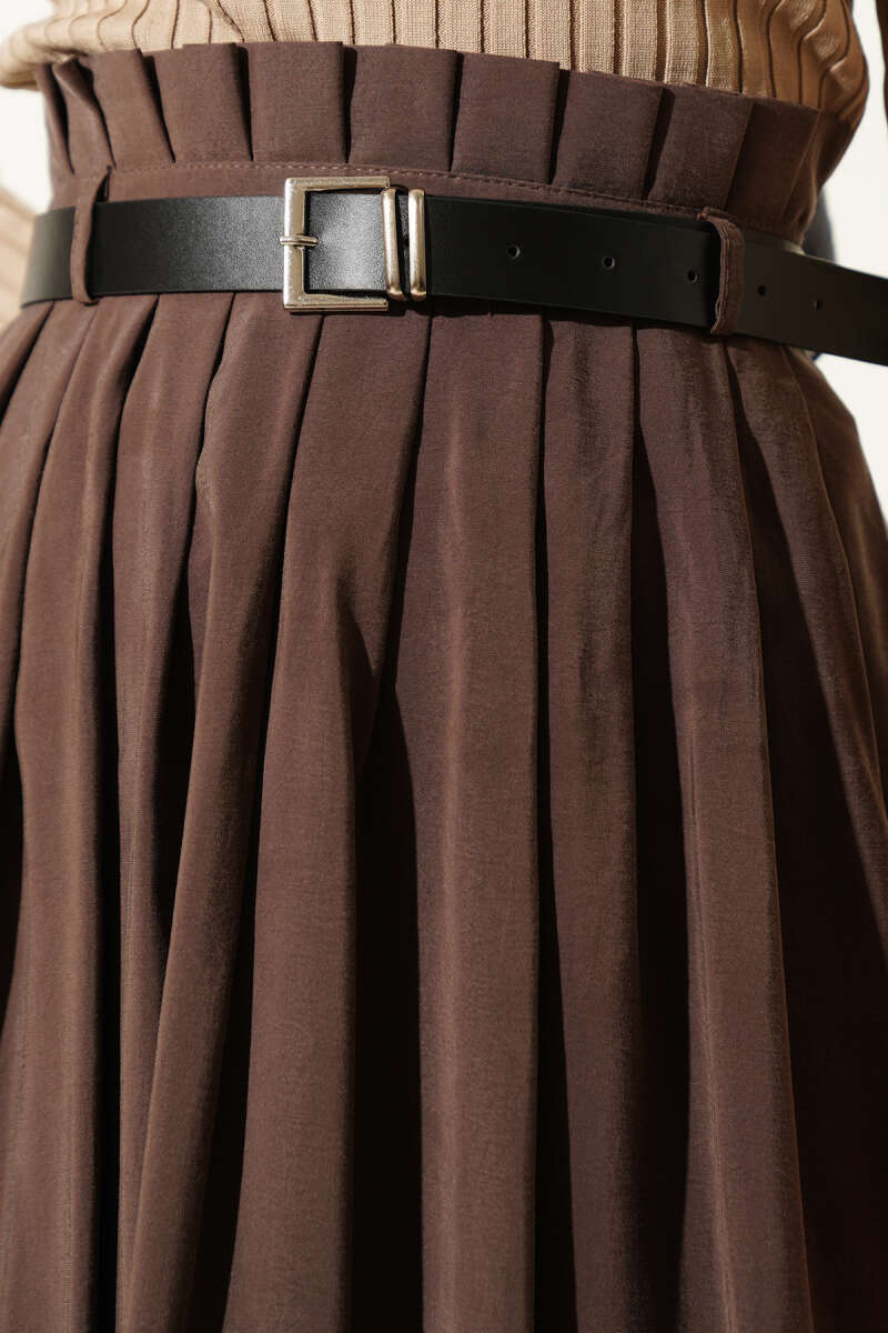 Belted Pleated Tencel Skirt - Brown