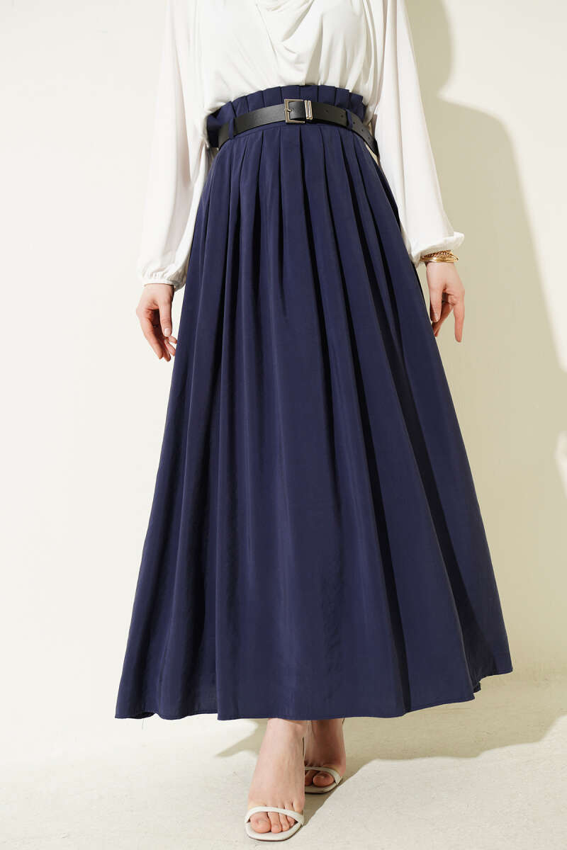 Belted Pleated Tencel Skirt - Navy