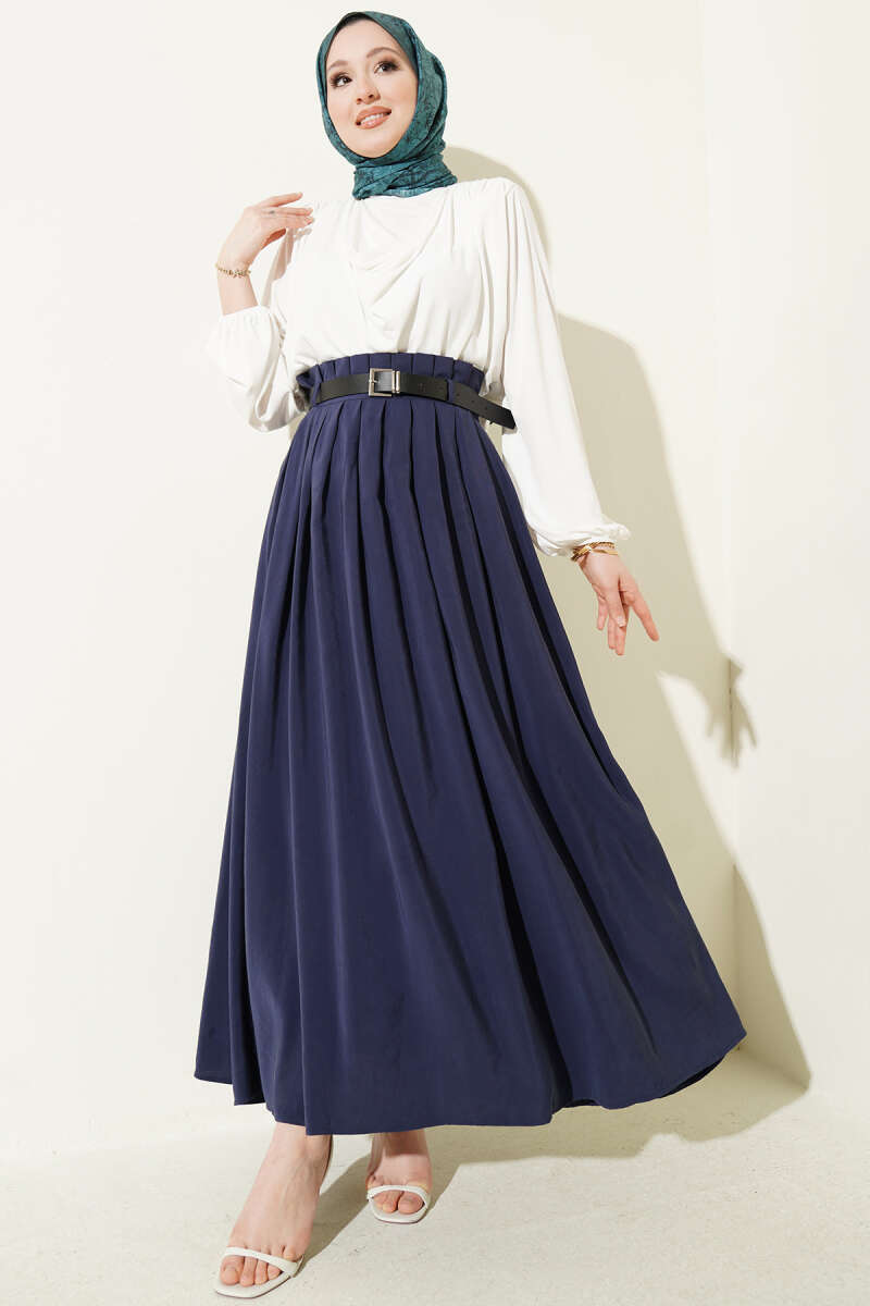 Belted Pleated Tencel Skirt - Navy