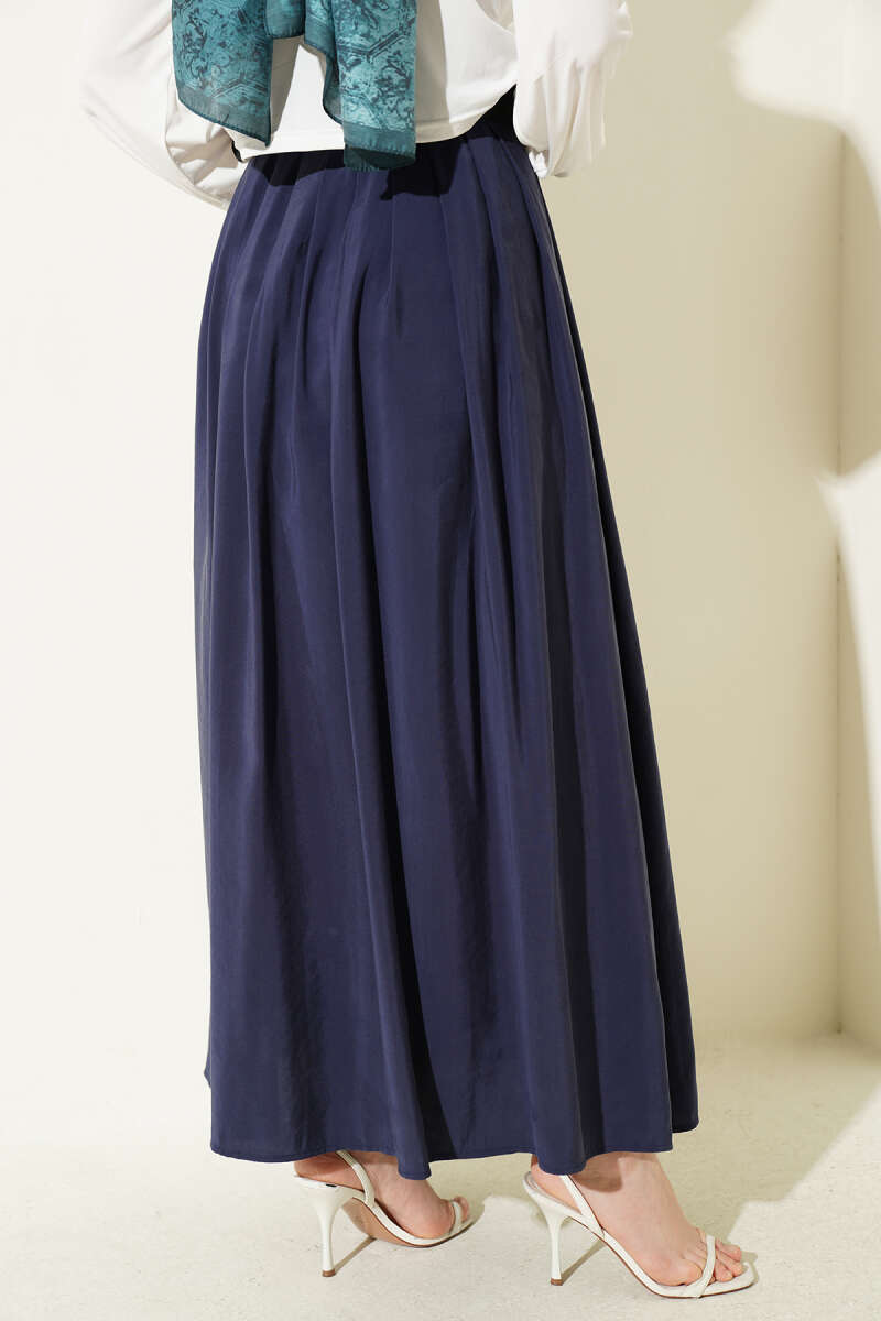 Belted Pleated Tencel Skirt - Navy