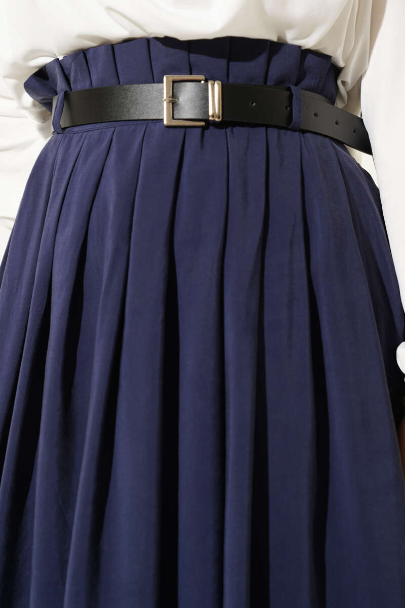 Belted Pleated Tencel Skirt - Navy