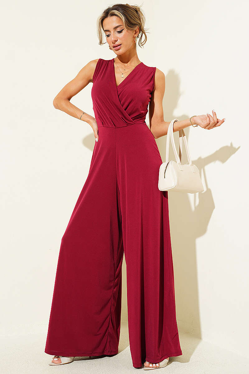 Pleated Wrap-Collar Jumpsuit - Burgundy
