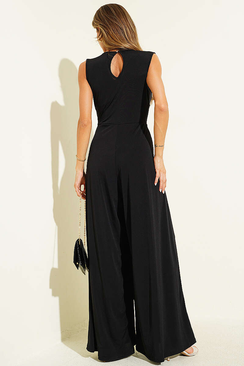 Pleated Wrap-Collar Jumpsuit - Black