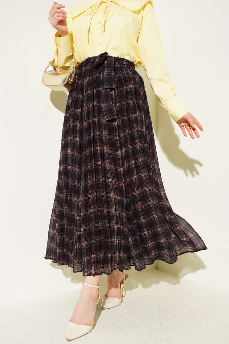 Belted Pleated Plaid Chiffon Skirt - Dark Brown