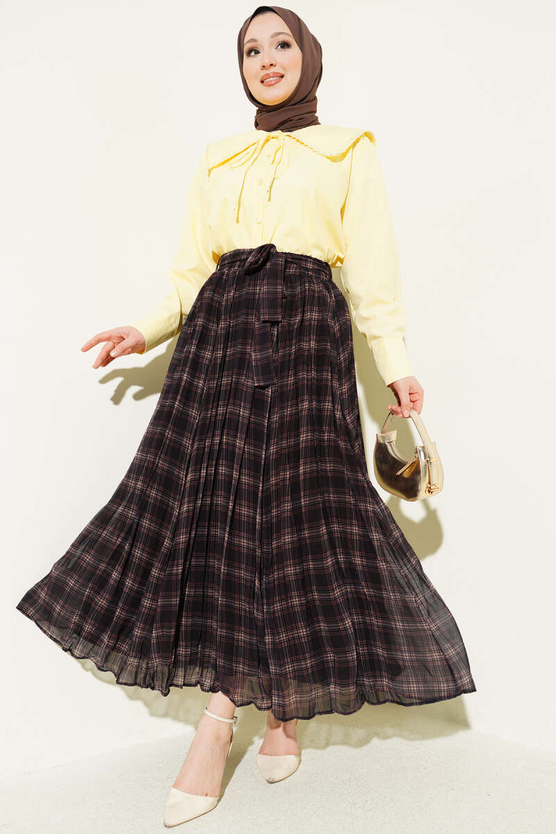 Belted Pleated Plaid Chiffon Skirt - Dark Brown