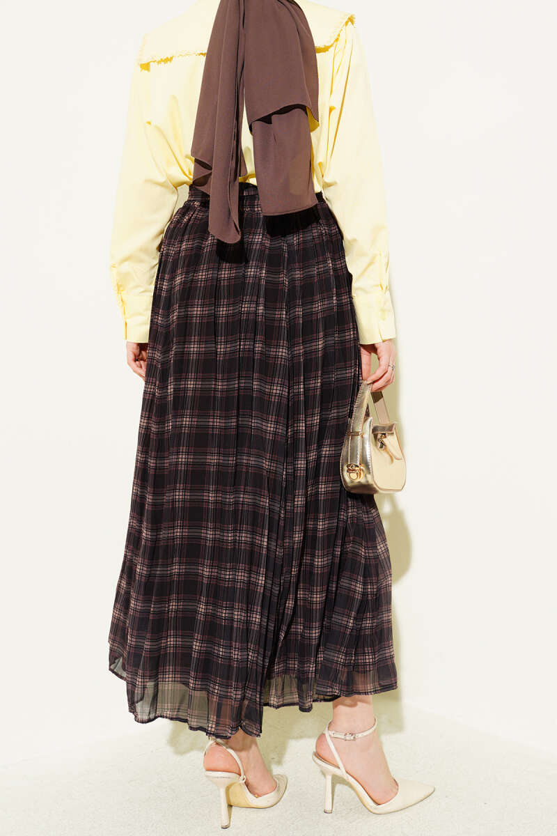 Belted Pleated Plaid Chiffon Skirt - Dark Brown