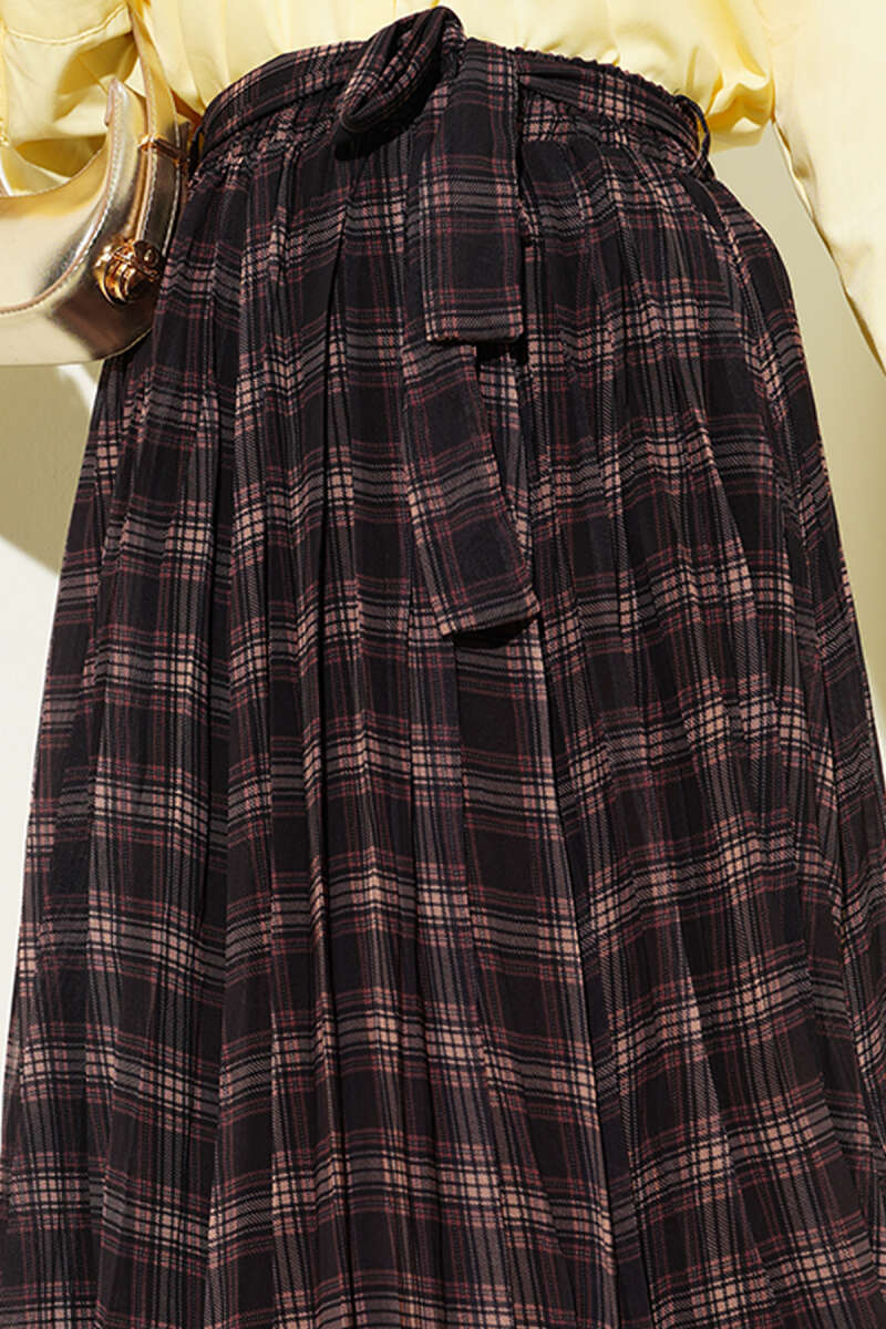 Belted Pleated Plaid Chiffon Skirt - Dark Brown