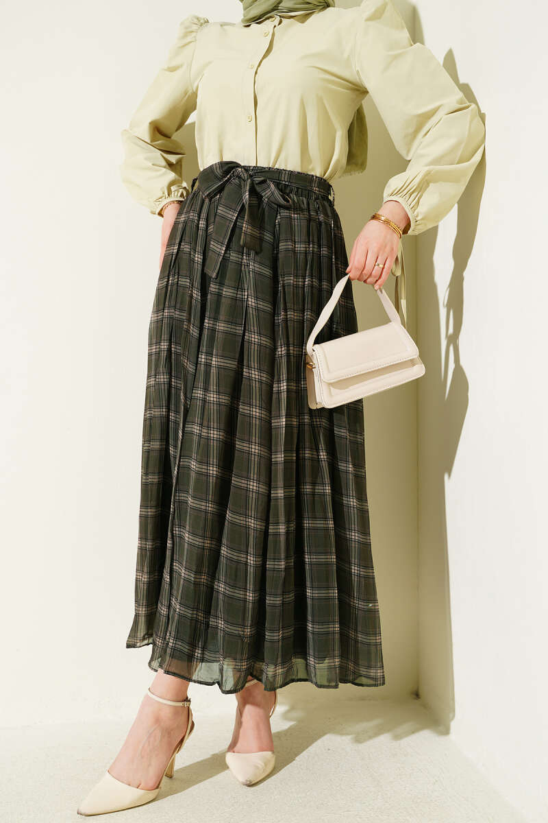 Belted Pleated Plaid Chiffon Skirt - Khaki