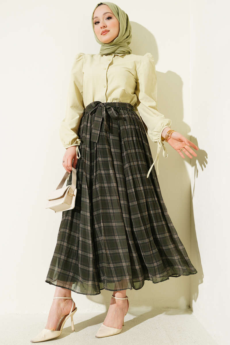 Belted Pleated Plaid Chiffon Skirt - Khaki