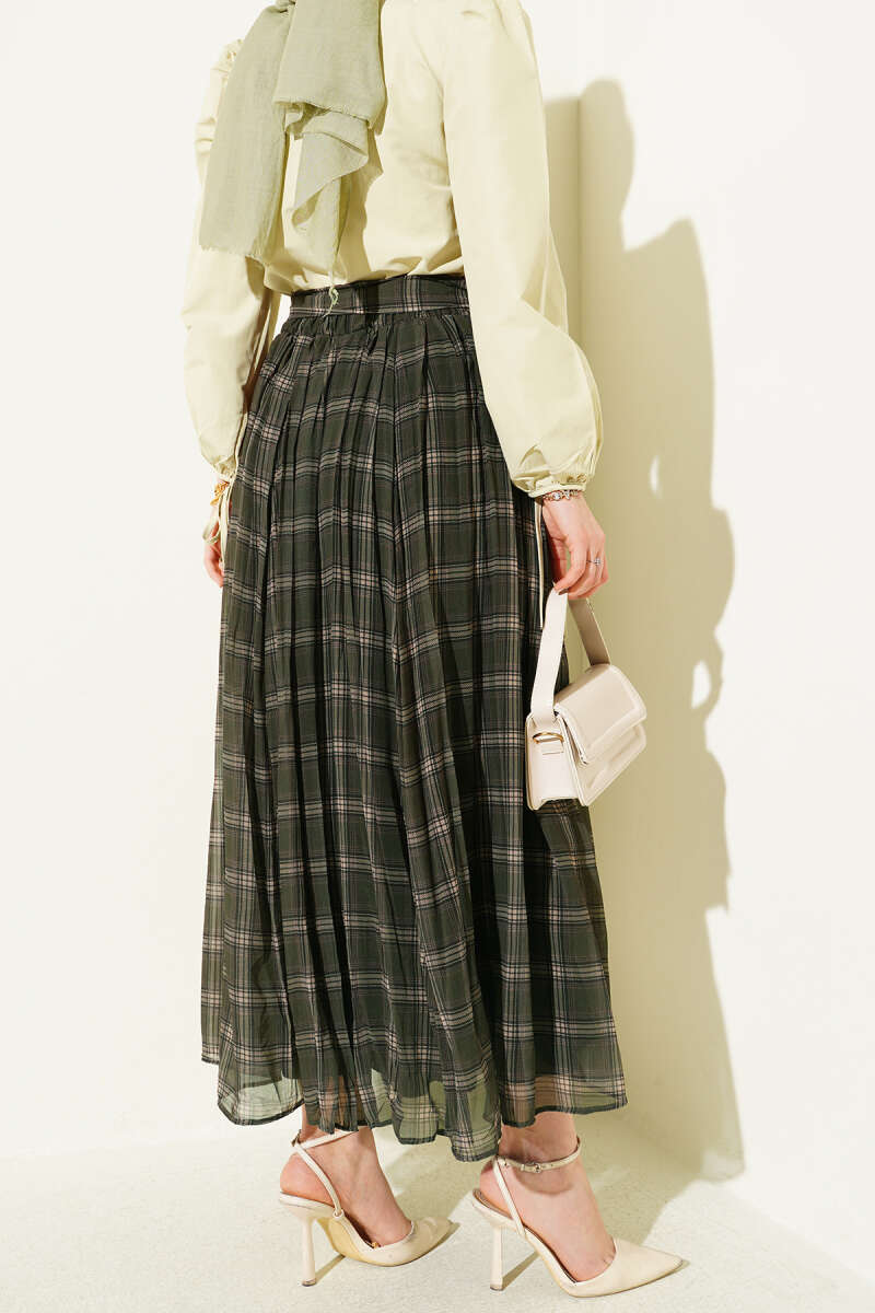 Belted Pleated Plaid Chiffon Skirt - Khaki
