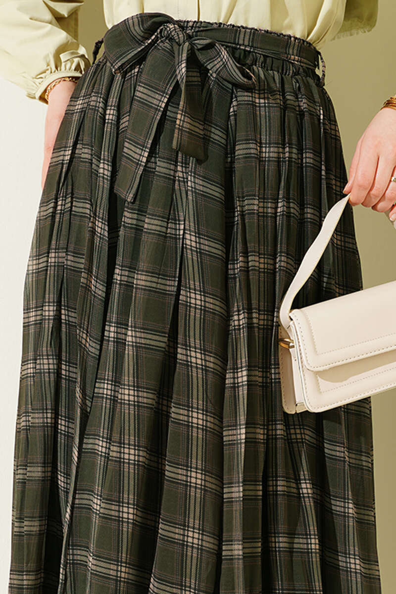 Belted Pleated Plaid Chiffon Skirt - Khaki