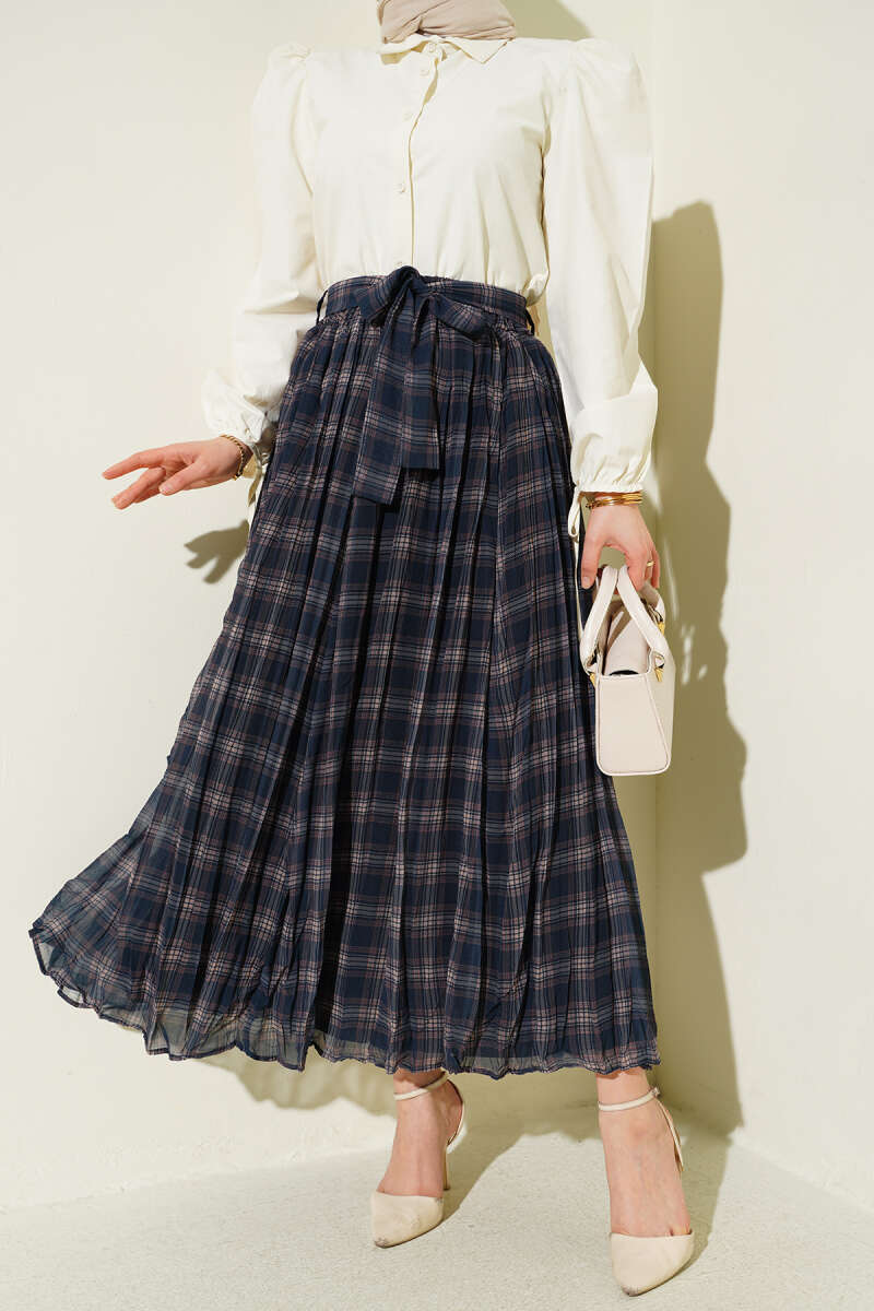 Belted Pleated Plaid Chiffon Skirt - Navy