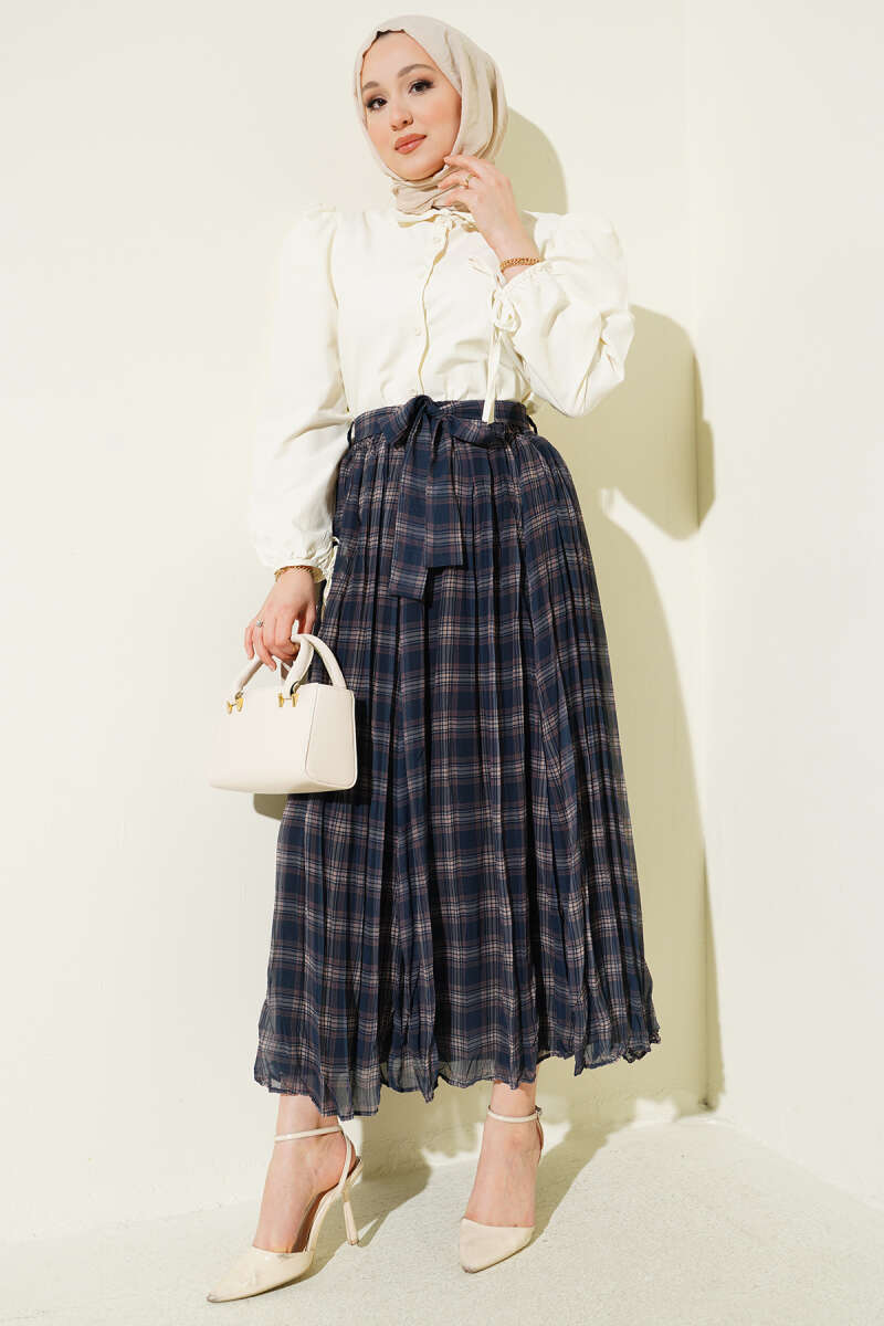 Belted Pleated Plaid Chiffon Skirt - Navy