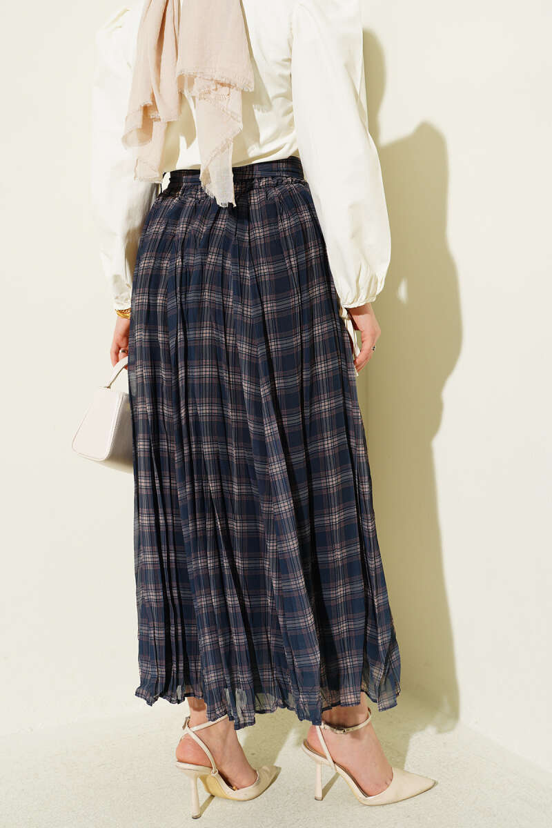 Belted Pleated Plaid Chiffon Skirt - Navy