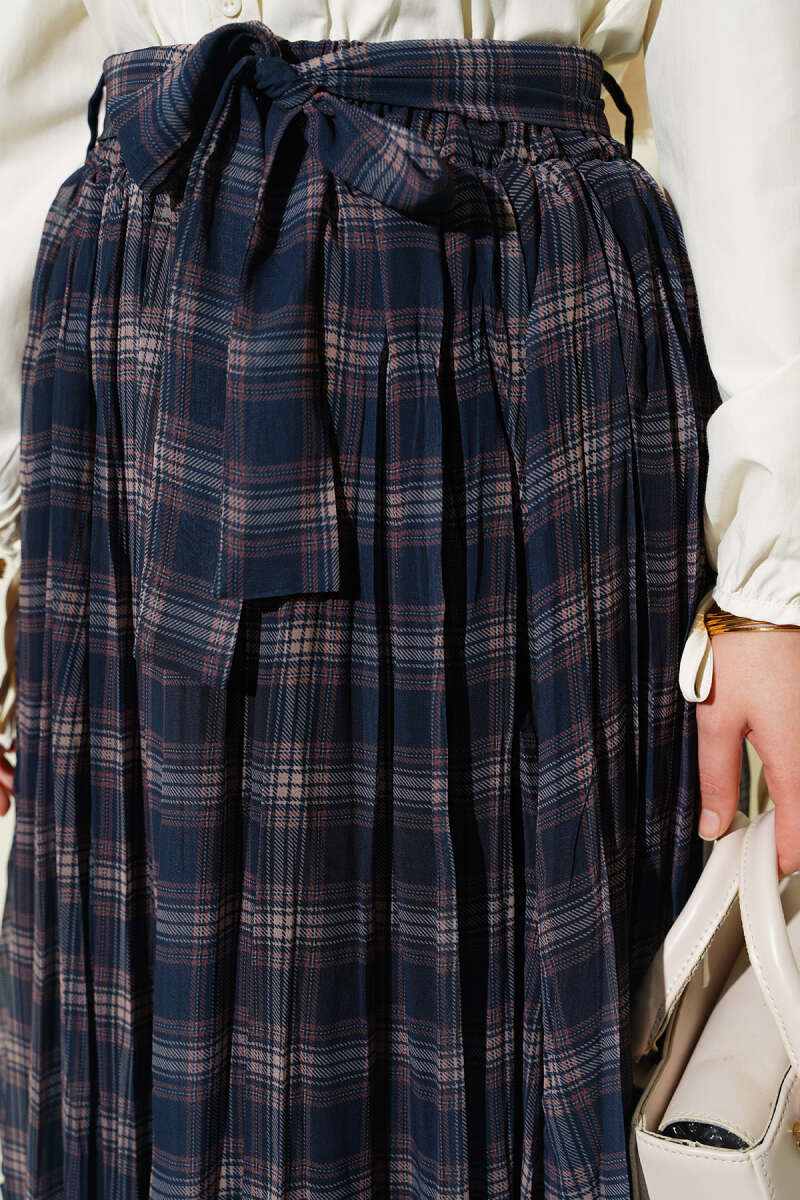 Belted Pleated Plaid Chiffon Skirt - Navy